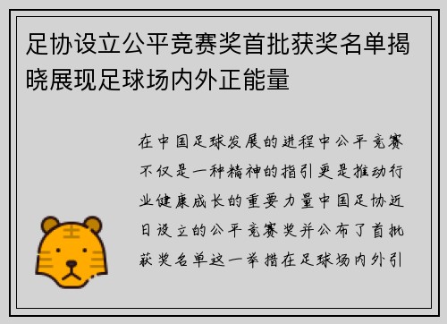 足协设立公平竞赛奖首批获奖名单揭晓展现足球场内外正能量